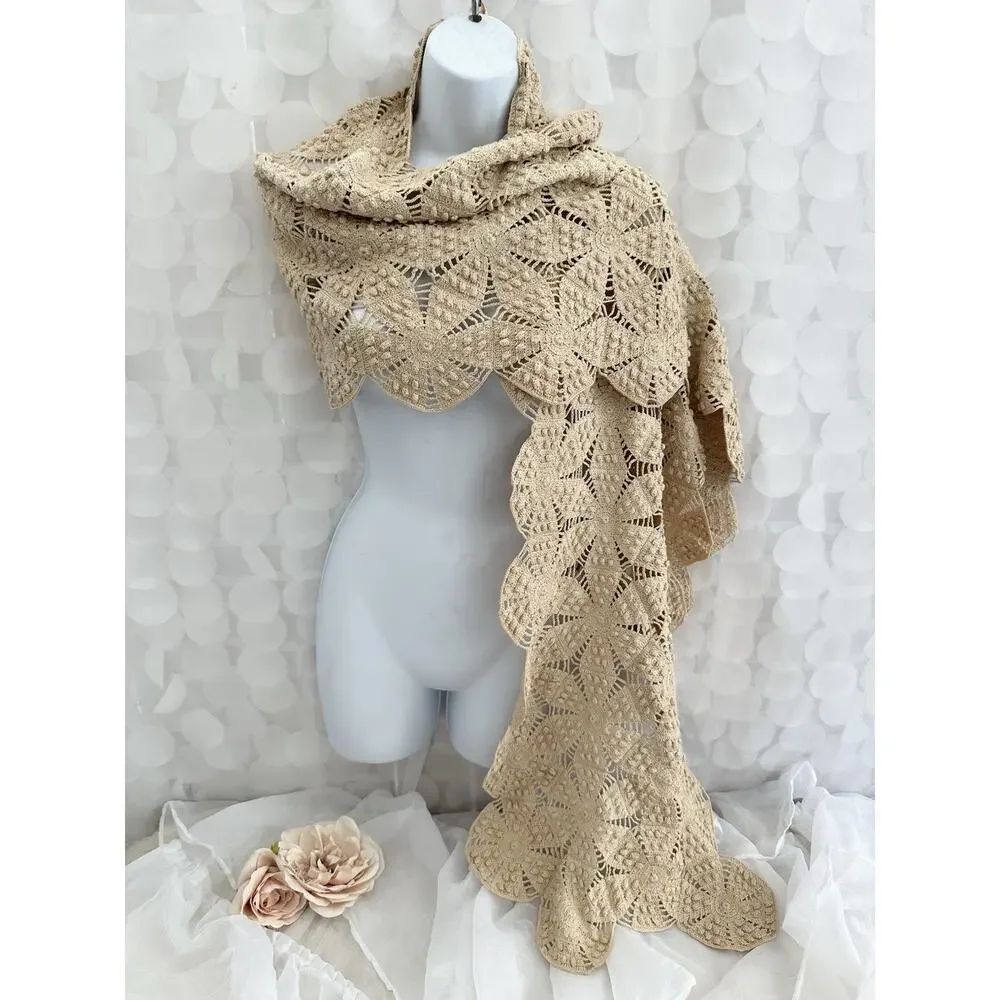 Vintage 60S Beige 100% Cotton HAND CROCHET LACE Pashima Wrap Bride Boho